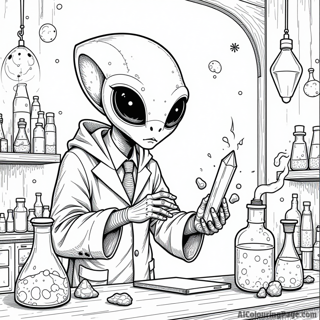 An alien scientist studying glowing crystals in a laboratory filled with bubbling potions and strange creatures, fun for coloring.