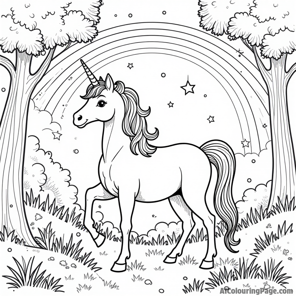 A unicorn standing in a magical forest with sparkling stars and a rainbow arching overhead, perfect for imaginative coloring.