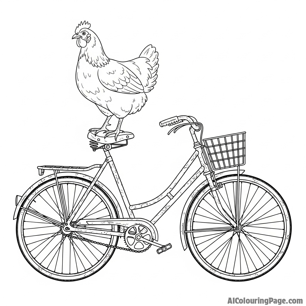 A chicken perched on the handlebars of an old, rusty bicycle.