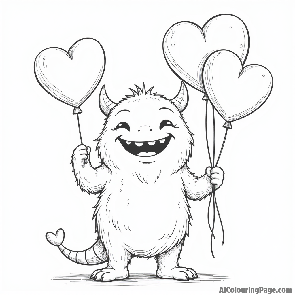 A cute monster holding a bouquet of heart-shaped balloons with a big smile celebrating love on Valentine’s Day