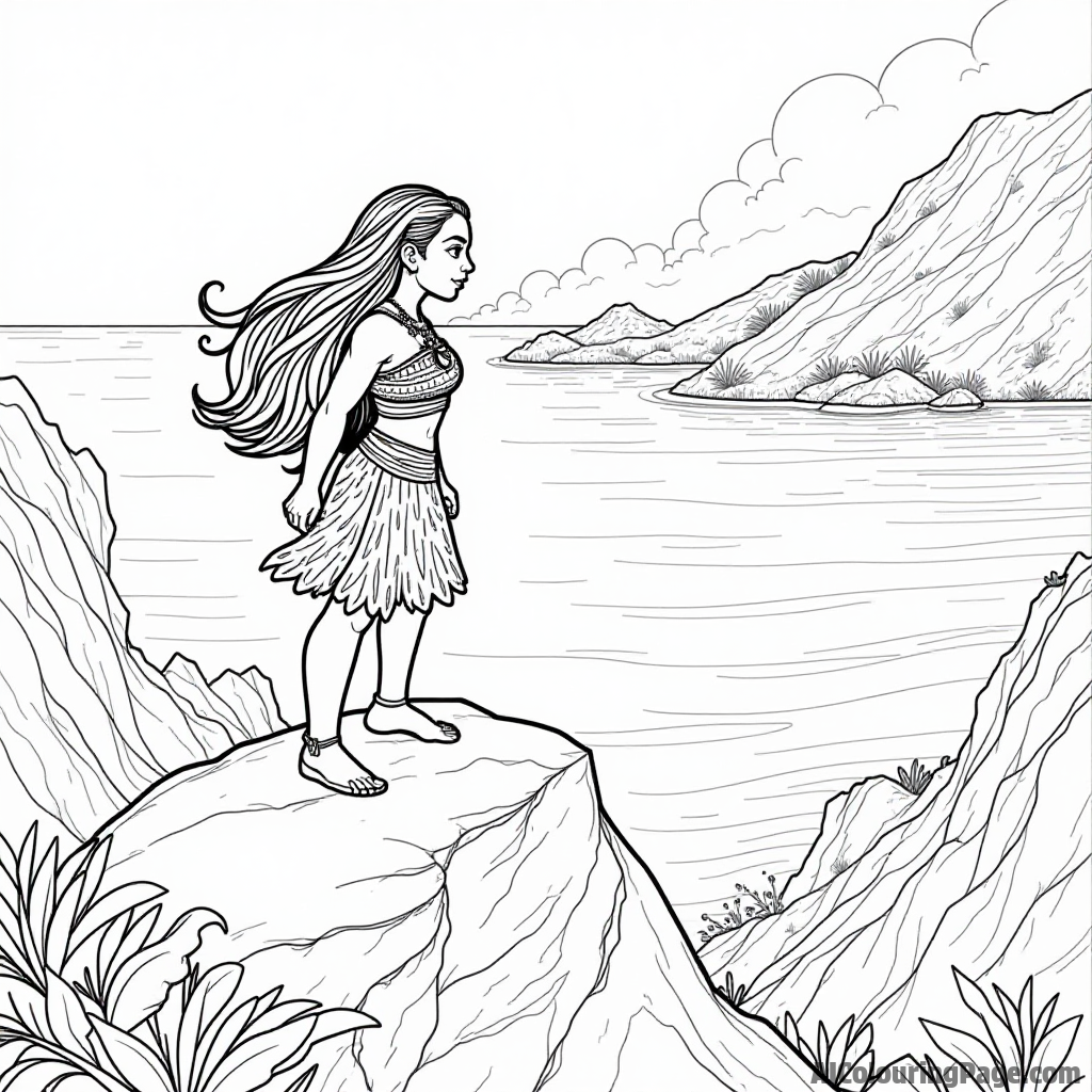 Moana climbing a mountain with determination, surrounded by breathtaking views of the ocean and distant islands.