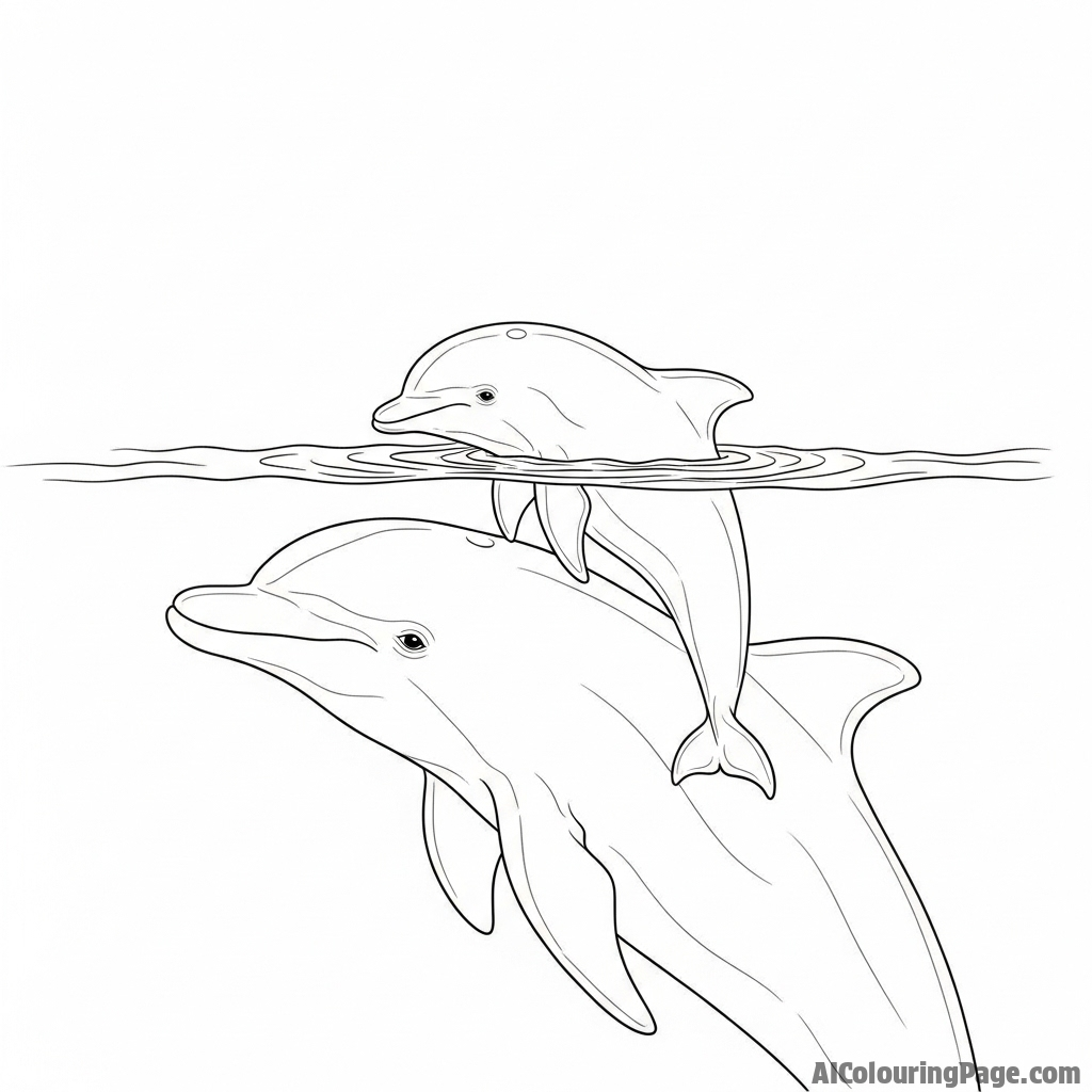 A mother dolphin gently nudging her newborn calf to the surface for its first breath.