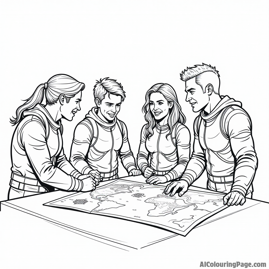 A heroic team gathered around a glowing map, planning their next space adventure with excitement on their faces.