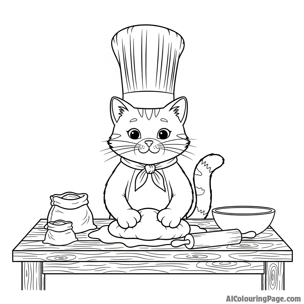 A cat chef in a tall hat, kneading dough with its paws.