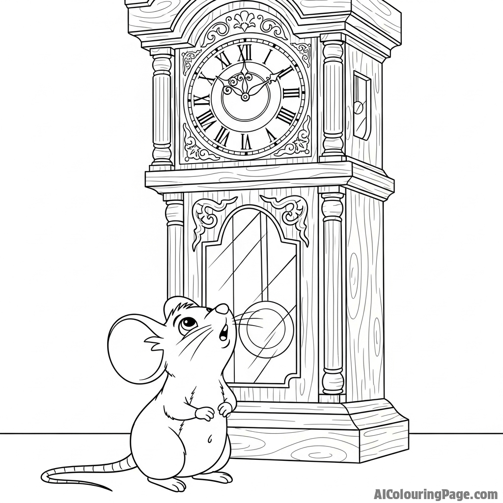 A mouse gazing up at a towering grandfather clock, dwarfed by its immense size.