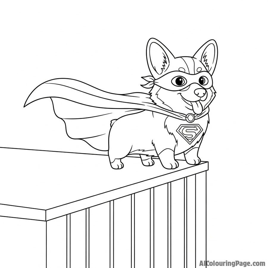 A corgi superhero with a flowing cape, standing heroically on a skyscraper ledge.