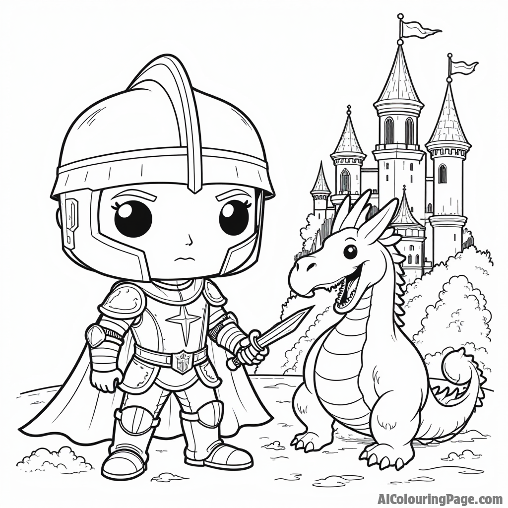 A Funko Pop character dressed as a knight, standing valiantly next to a dragon and a shining castle, offering a magical scene for children to unleash their creativity while coloring.