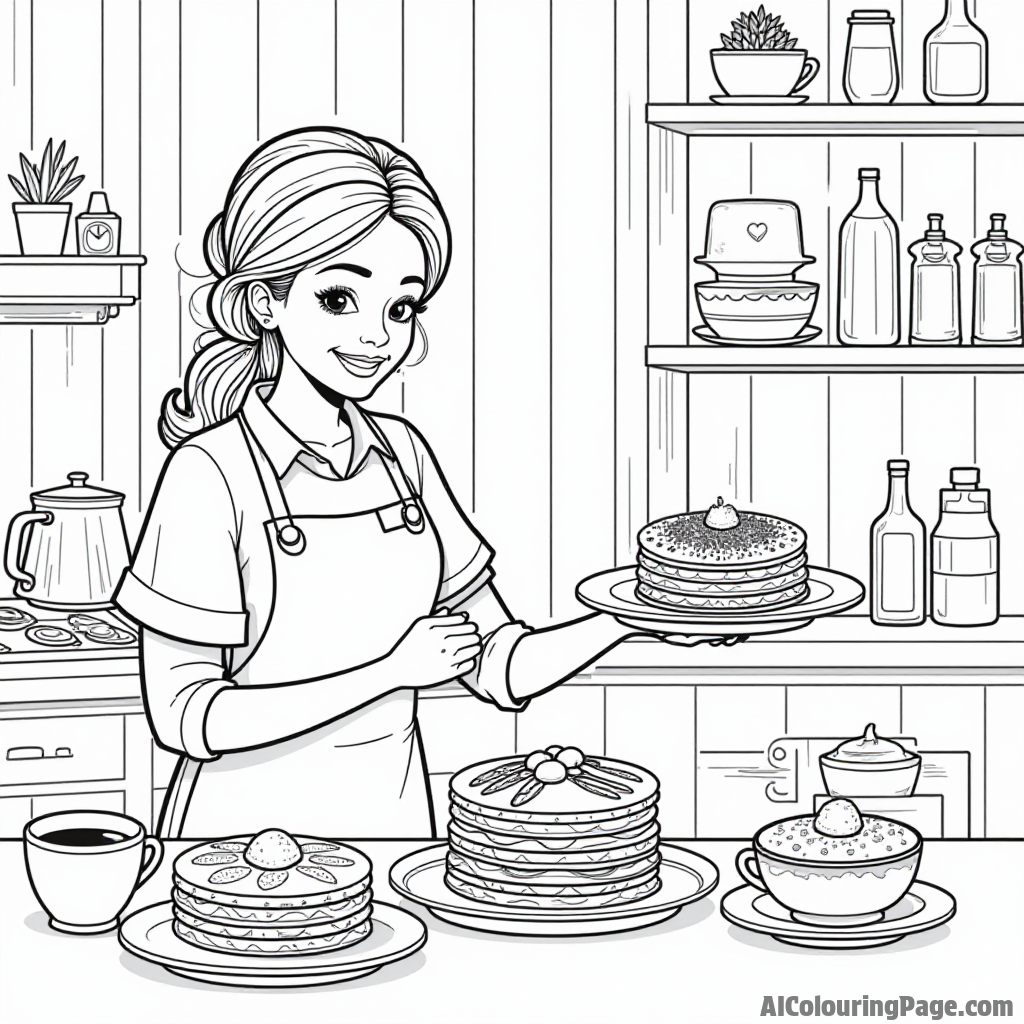 A cozy café scene with a barista preparing pancakes with a variety of toppings in a whimsical atmosphere