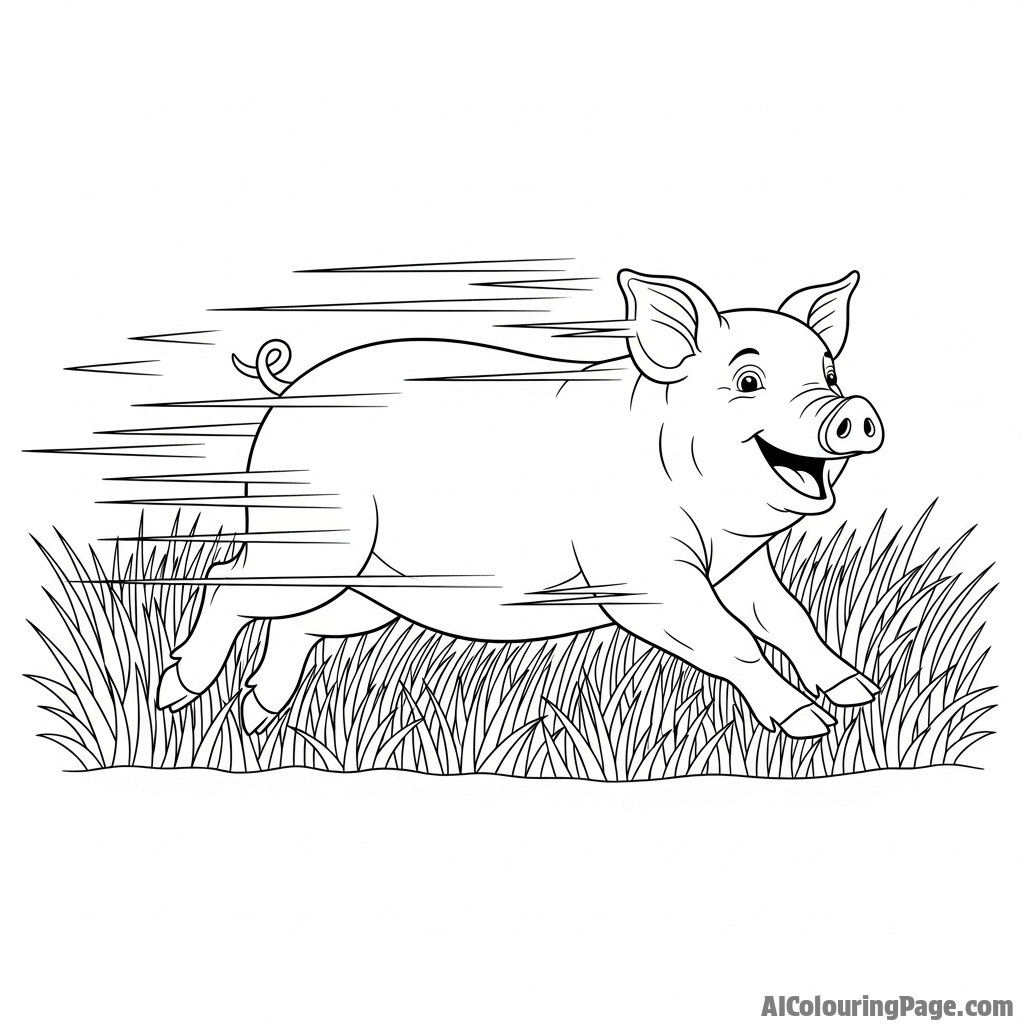 A happy pig running through a field of tall grass, motion blur.