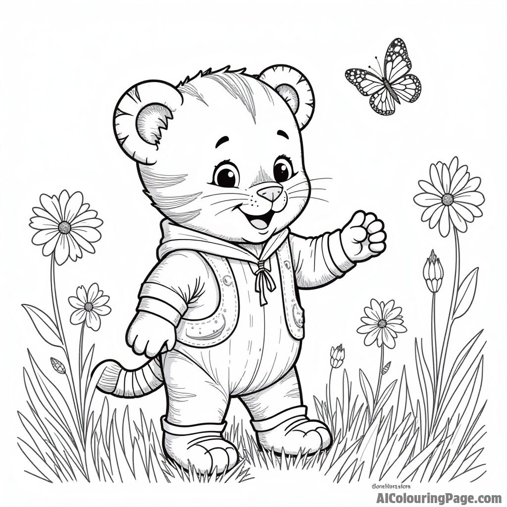 Daniel Tiger playing in a field of flowers with butterflies fluttering around, enjoying nature's beauty and fresh air.