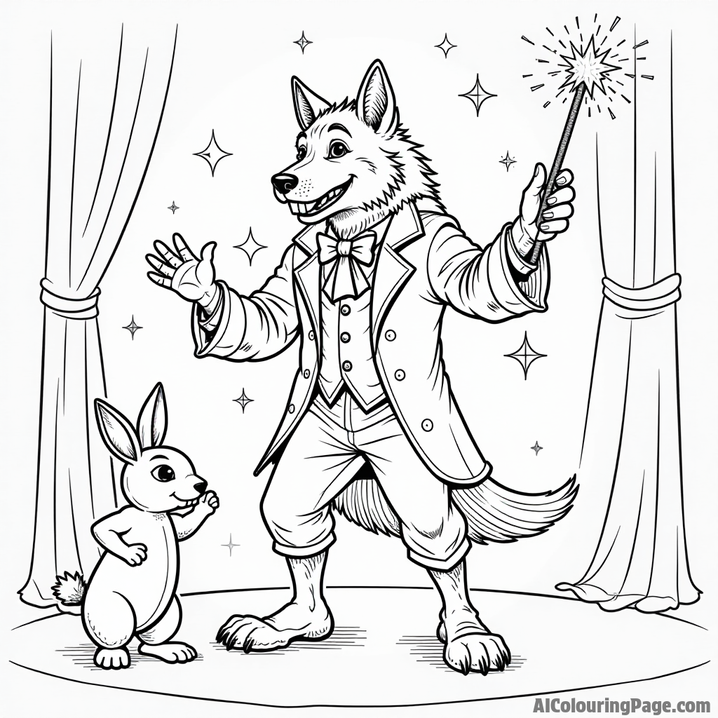 A werewolf magician performing tricks on a stage with a rabbit, a wand, and sparkles flying around.