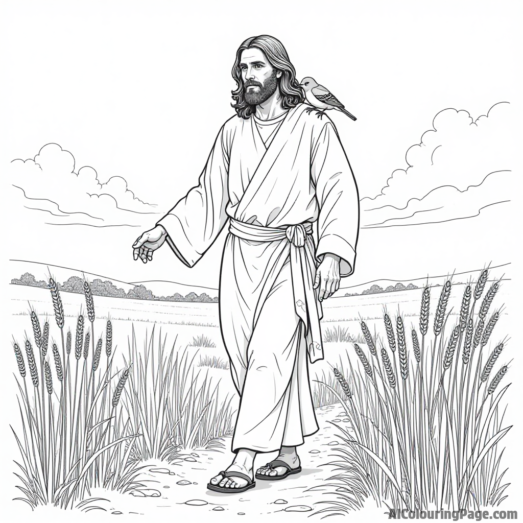 Jesus walking through the fields, wheat swaying gently, birds perched on his shoulder