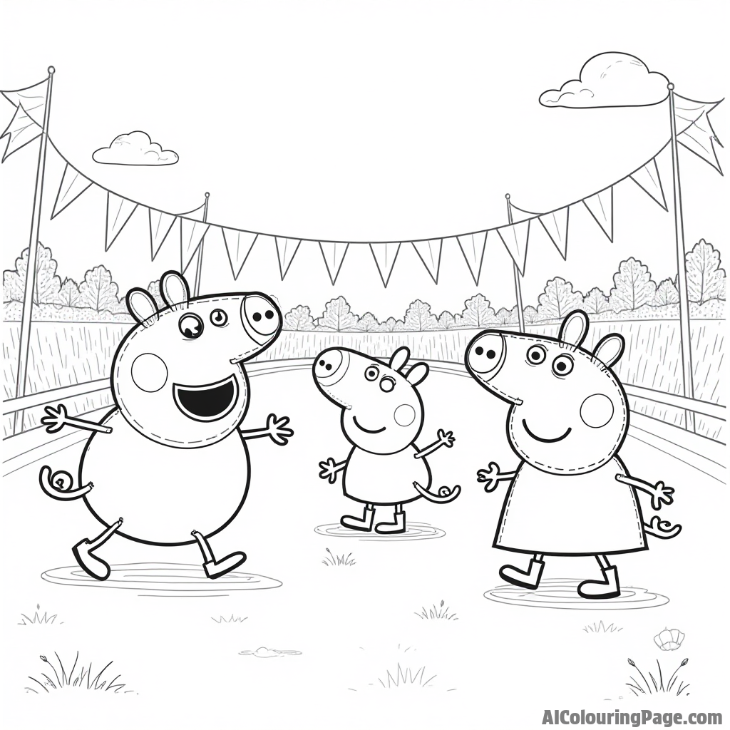 Peppa Pig and her friends participating in a fun sports day with races, jumping ropes, and colorful flags everywhere.