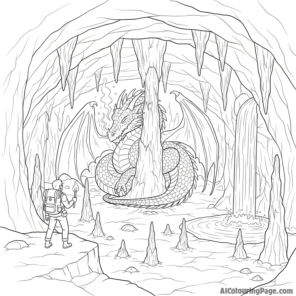 A lone adventurer discovering a sleeping dragon in a vast, subterranean grotto.