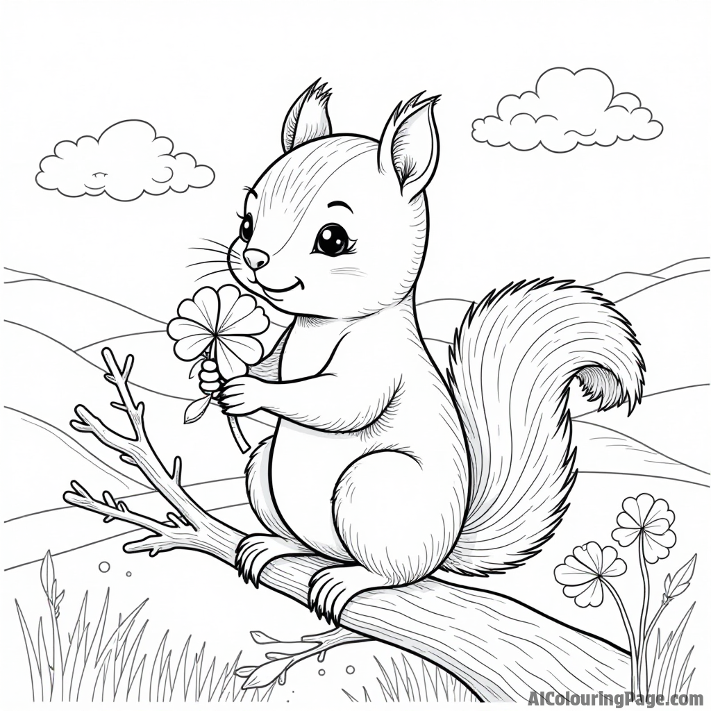 A curious squirrel holding a tiny shamrock while perched on a branch, with a scenic view of rolling hills below.