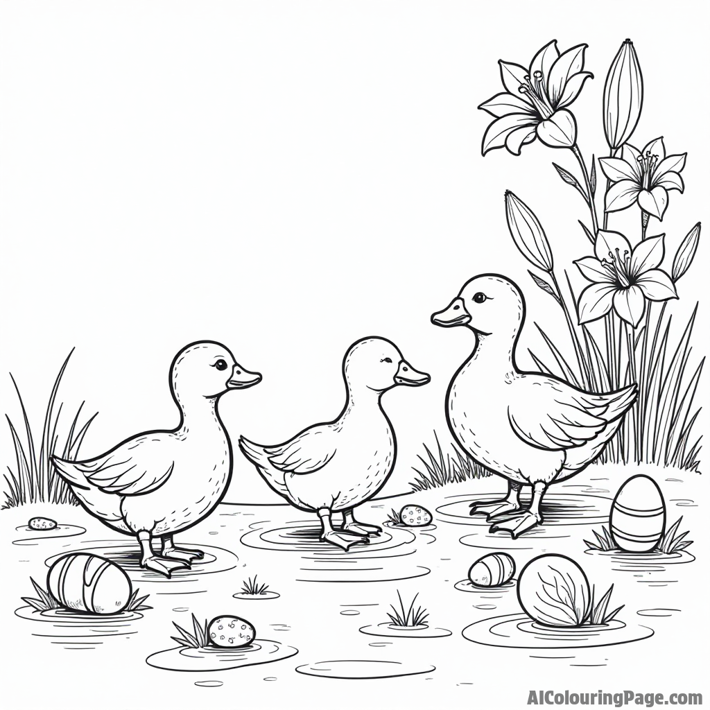 A family of ducks waddling along a pond with Easter eggs scattered on the shore, surrounded by blooming lilies.