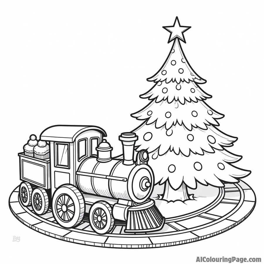 Toy train circling a Christmas tree