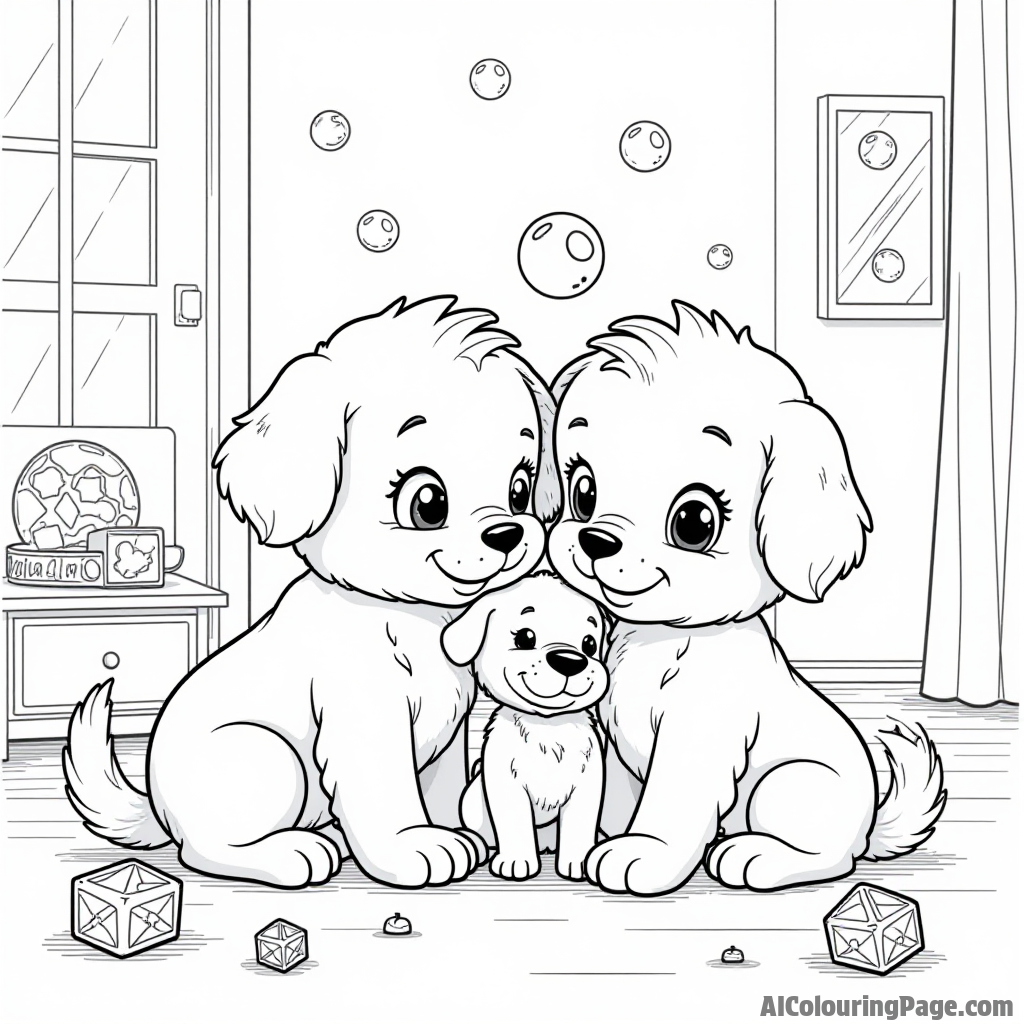 Bubbles cuddling with a fluffy puppy, while Blossom and Buttercup play with colorful toys scattered around the room