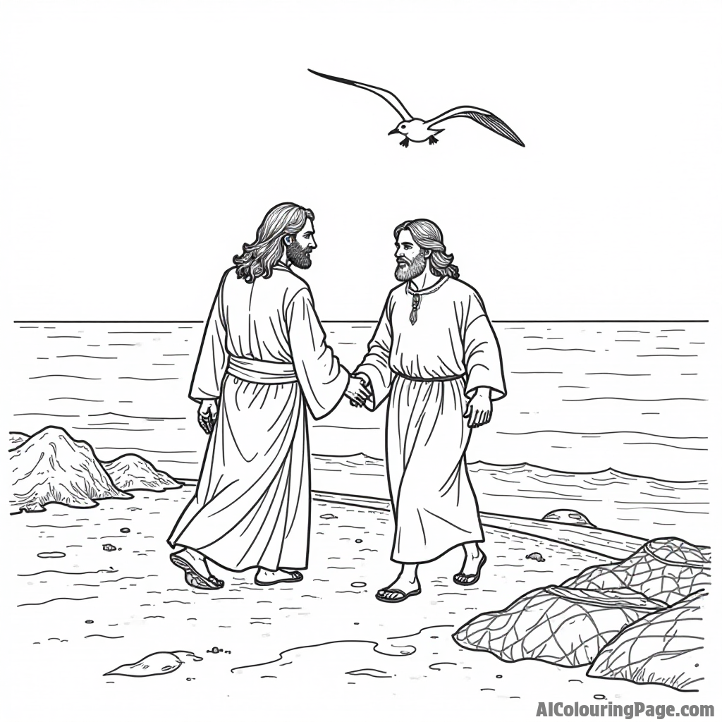 Jesus and Peter walking on the shore, fishing nets nearby, seagulls flying above the calm sea