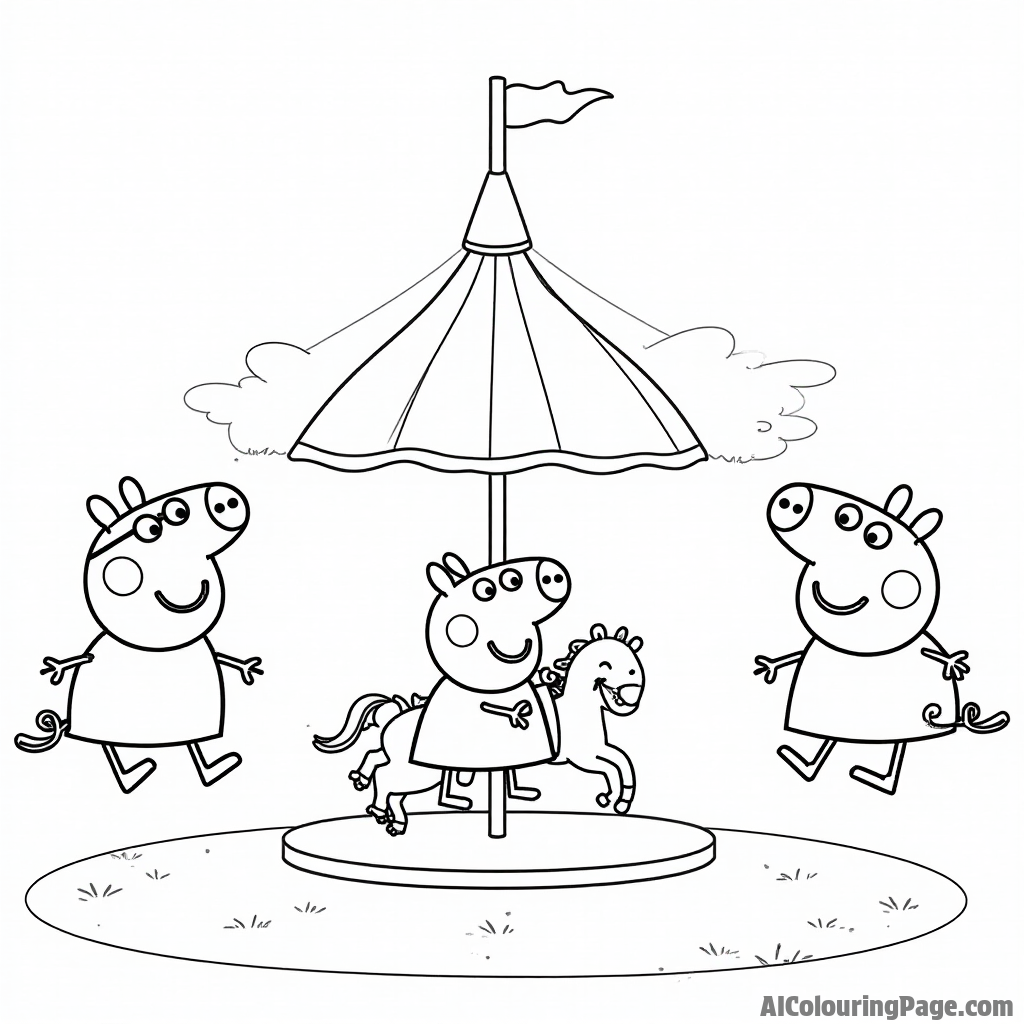 Peppa Pig and George Pig having a fun day at the amusement park, riding on a carousel surrounded by happy children.