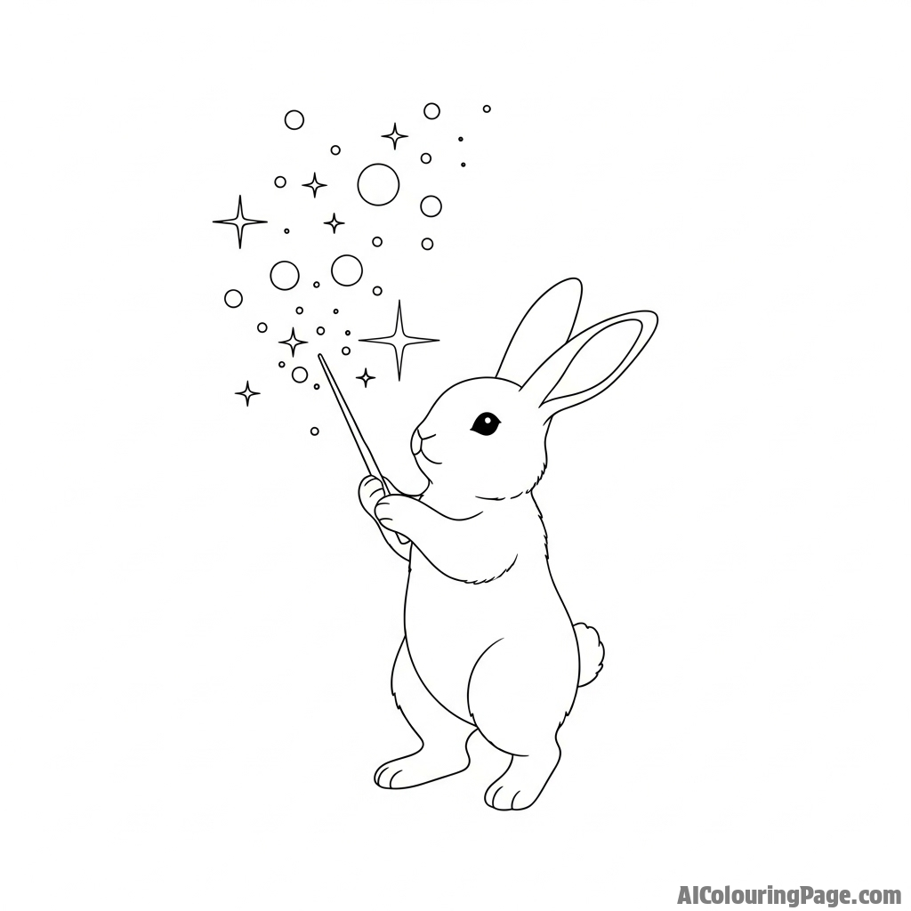 A magical bunny casting a spell with a glowing wand, surrounded by floating particles of light.