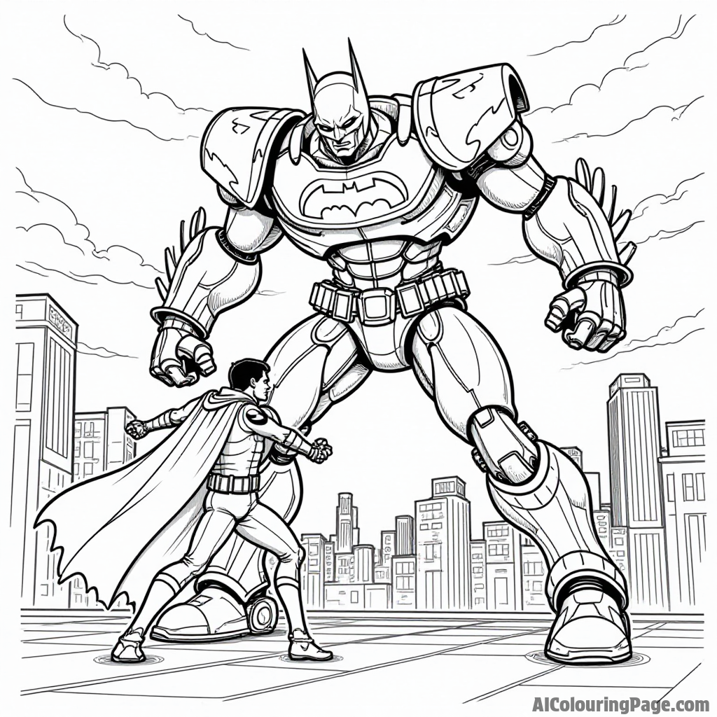 Batman and Robin battling a giant robot in a cityscape with tall buildings and a dramatic sunset in the background.