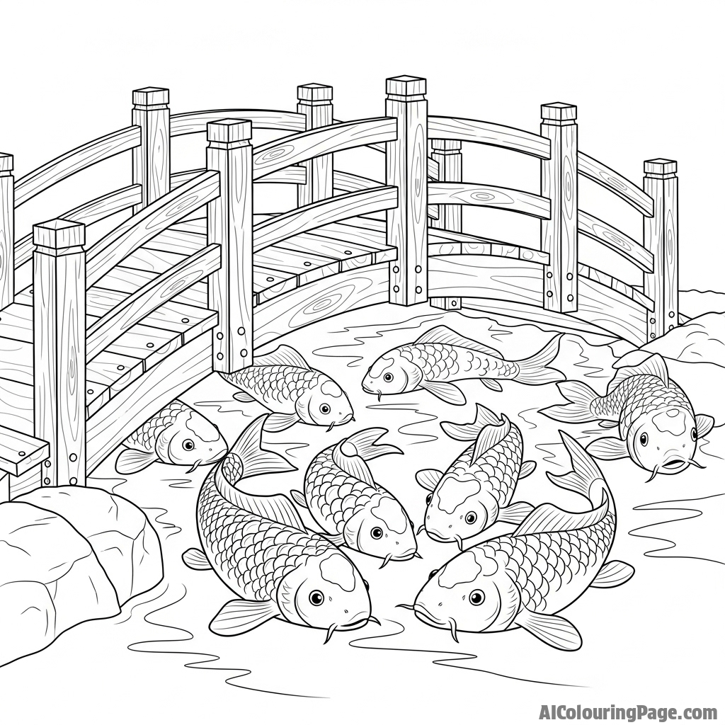 A group of koi gathering in the shade beneath a small, arched wooden footbridge.