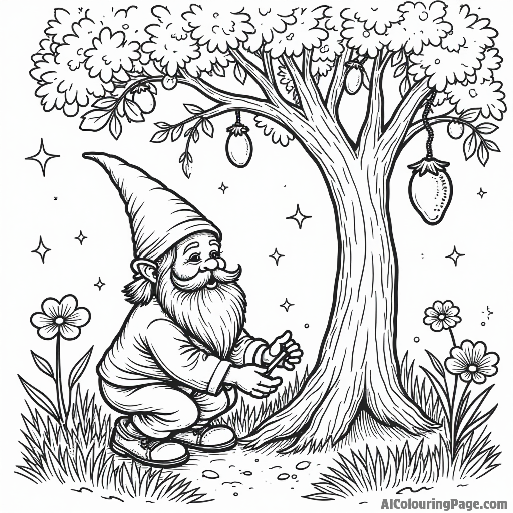 A gnome planting a magic tree with glowing fruits in a mystical landscape filled with fairy lights and flowers.