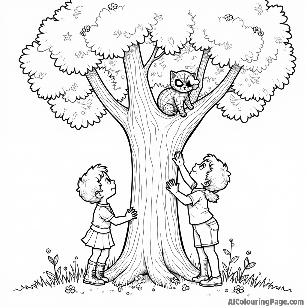 Spiderman rescuing a kitten from a tree, children looking up with smiles, flowers blooming around the base of the tree