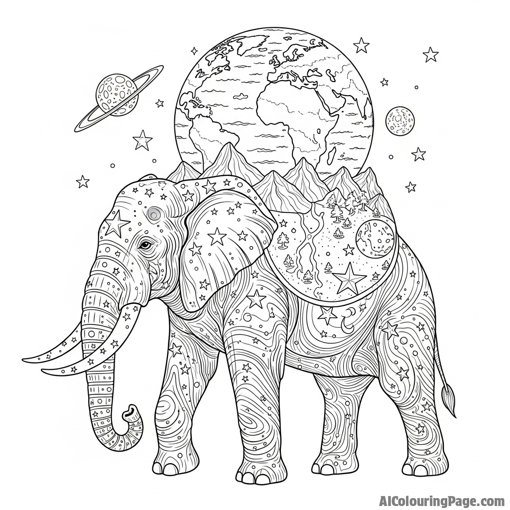 The world carried on the back of a cosmic, star-bearing elephant.