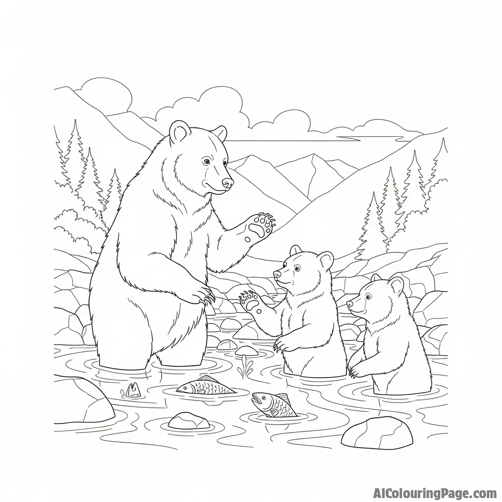 A mother bear teaching her cubs to fish in a mountain stream