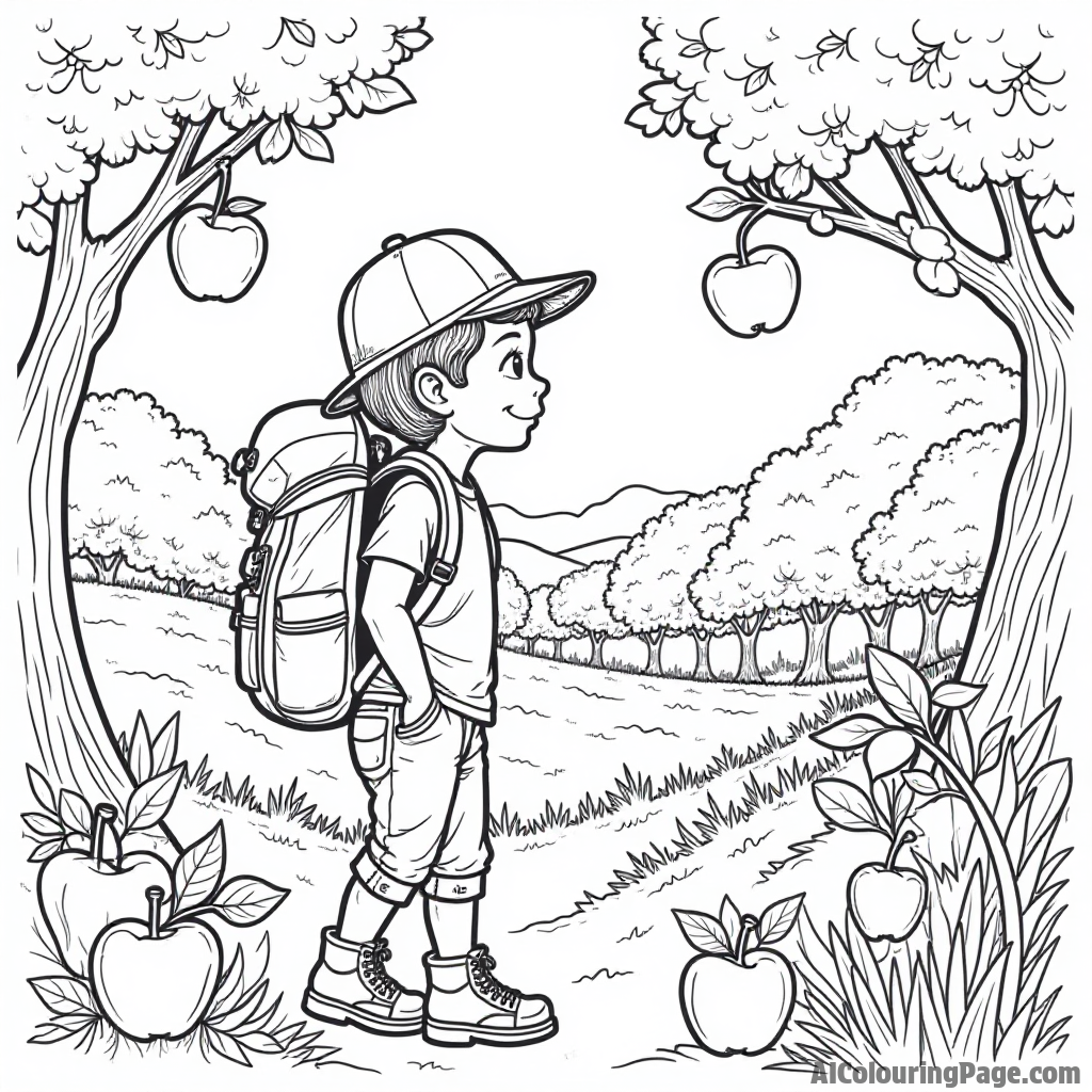 An adventurous apple explorer with a backpack, discovering a hidden orchard filled with unique apple varieties.