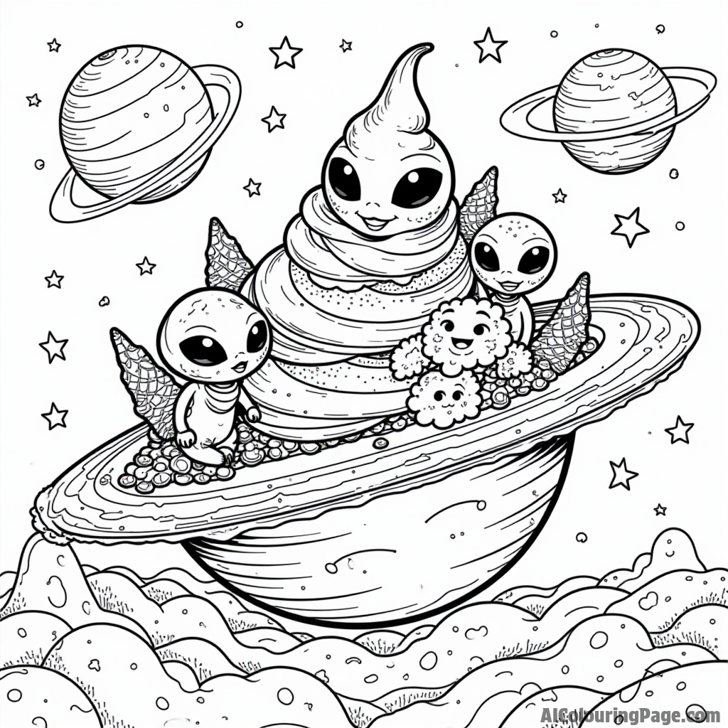 A whimsical ice cream planet with aliens enjoying various ice cream treats in a colorful galaxy