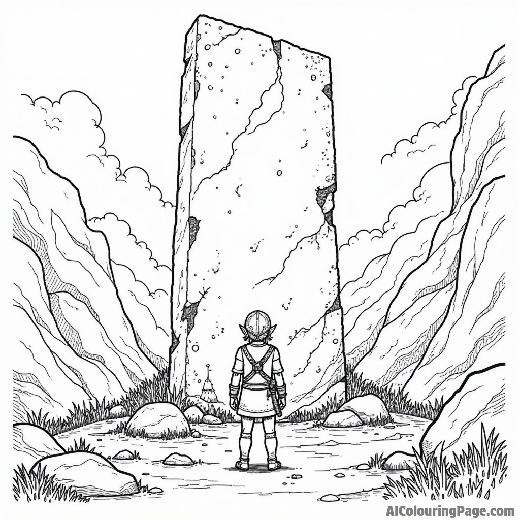 Link standing in front of a giant stone statue, with ancient carvings, moss-covered rocks, and a sense of history around