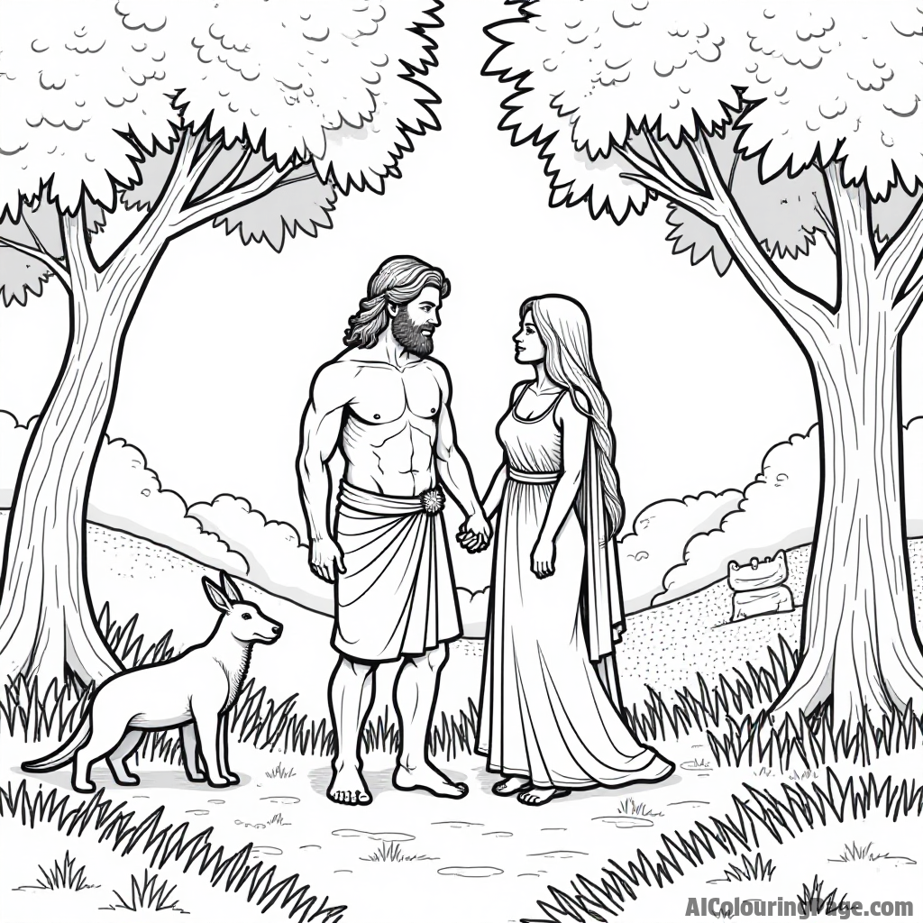 Adam and Eve in the Garden of Eden surrounded by lush trees and playful animals