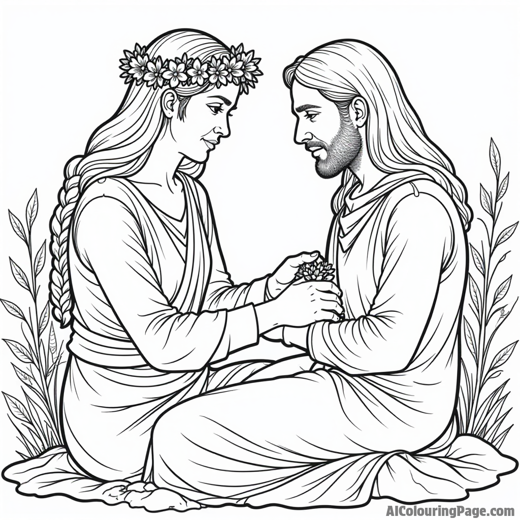 Eve weaving a crown of flowers for Adam