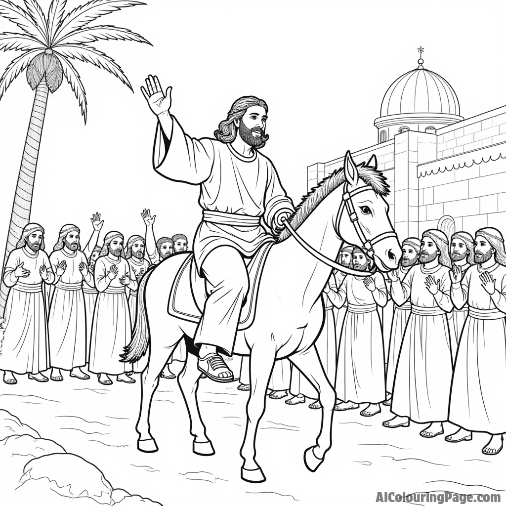 Jesus riding a donkey into Jerusalem, palm branches waving in the air, excited crowd cheering