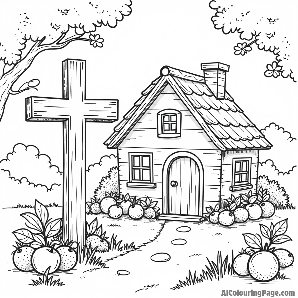 A cross in front of a cozy cottage, surrounded by a garden of fruits and flowers, inspiring children to color joyfully.