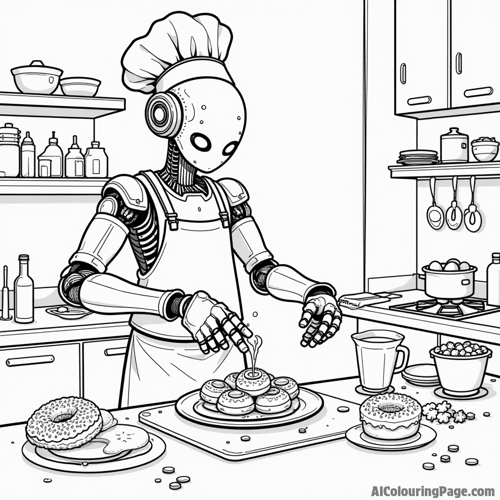 A robot chef creating unique donuts in a futuristic kitchen, with gadgets and colorful ingredients scattered around.