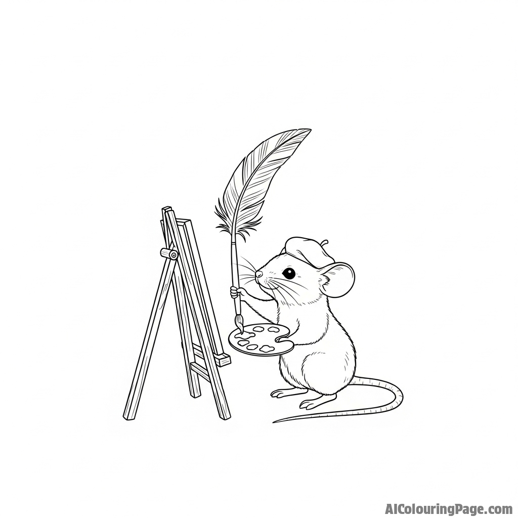 A mouse artist painting on a tiny easel with a brush made from a single bird feather.
