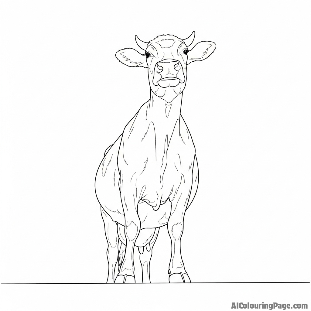 A worm\'s-eye view of a massive cow, its form dominating the sky.