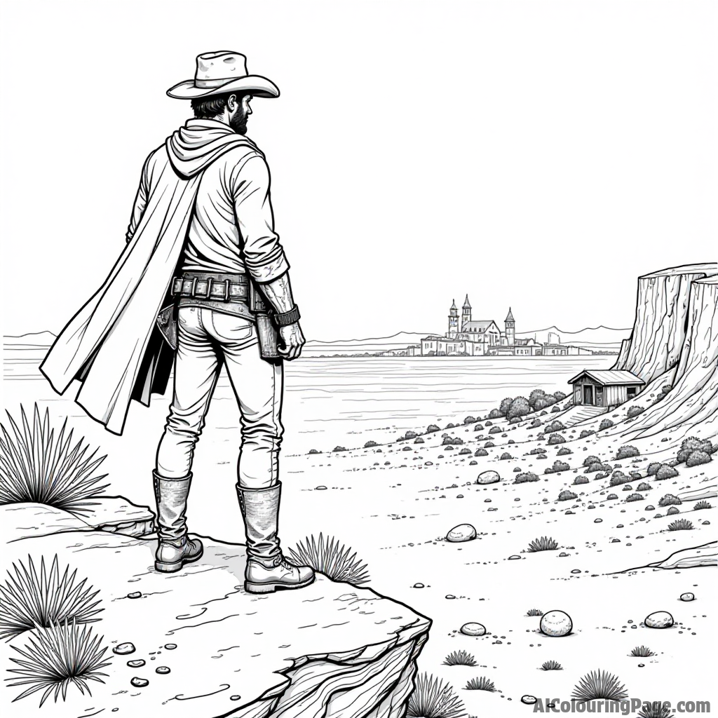 A bold bounty hunter standing on a rocky cliff, overlooking a desert landscape and a distant town with tiny buildings.