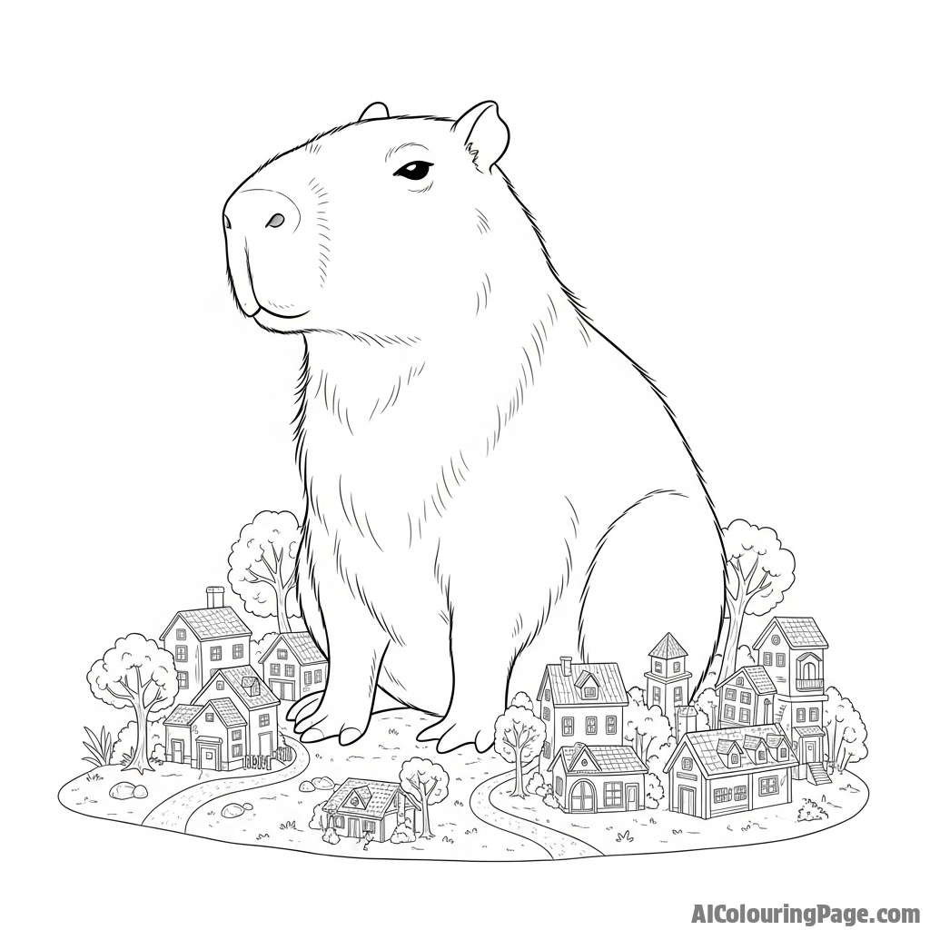A capybara as a gentle giant in a miniature village.
