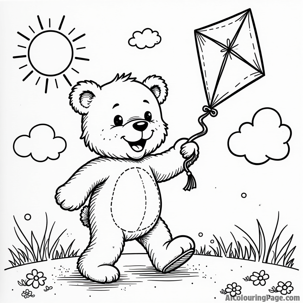 A teddy bear flying a kite on a sunny day, with a bright sun and fluffy clouds, creating a joyful outdoor scene for kids to color in their books.