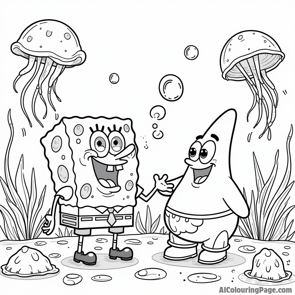 SpongeBob SquarePants joyfully blowing bubbles with Patrick Star in Jellyfish Fields surrounded by colorful jellyfish swimming around them