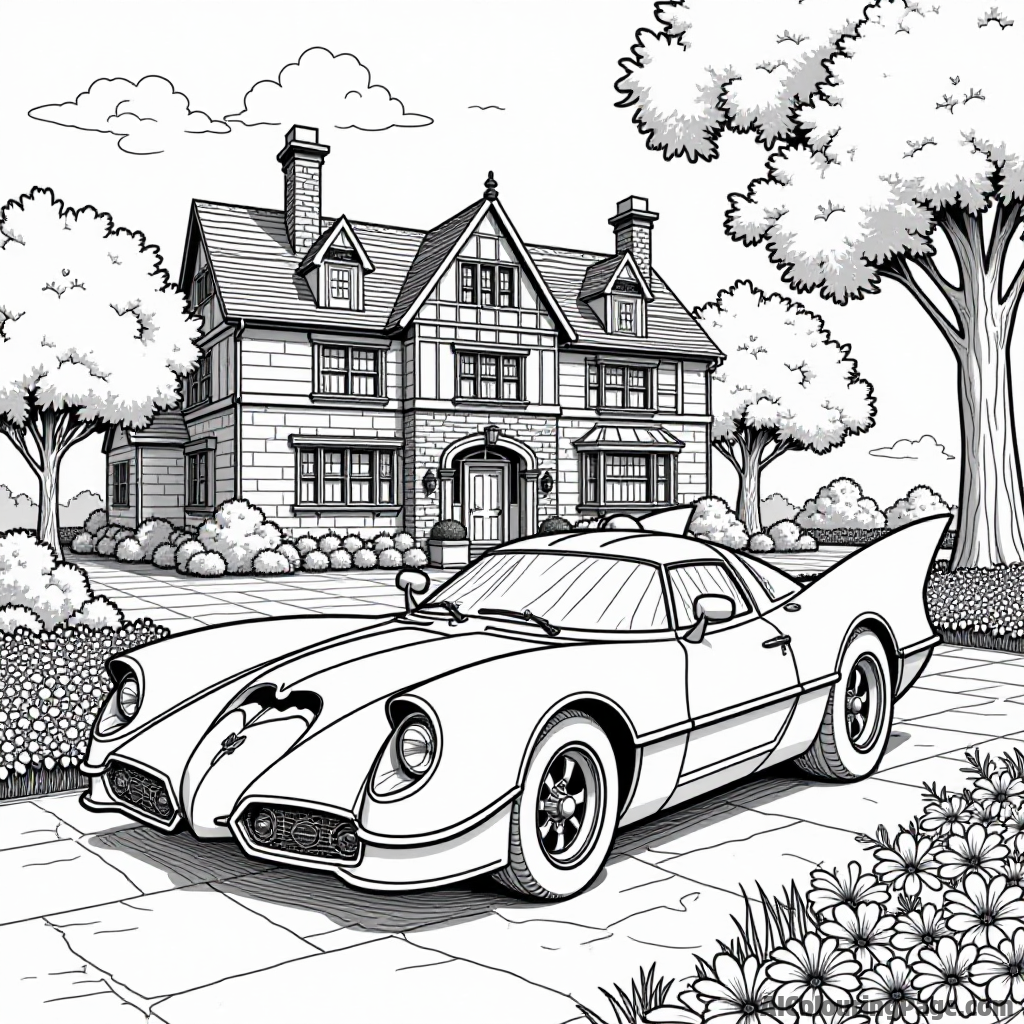 The Batmobile parked in front of Wayne Manor surrounded by trees and a beautiful garden with flowers blooming.