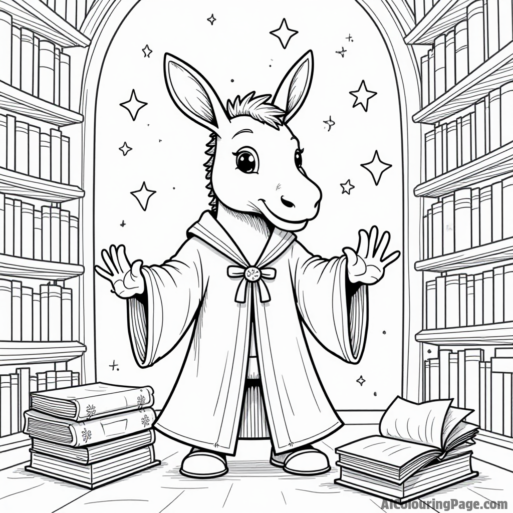 A donkey wearing a wizard robe, surrounded by floating books and stars, casting spells in a magical library