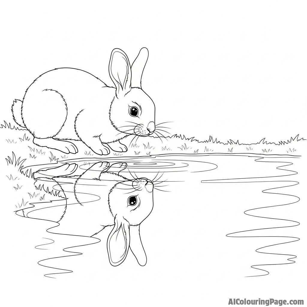 A rabbit looking at its reflection in a still pond.