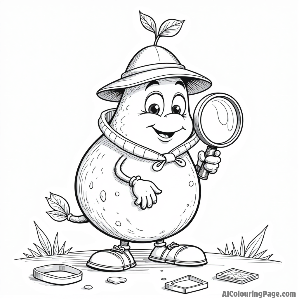 A pear detective solving a mystery with a magnifying glass, surrounded by clues and footprints, perfect for young sleuths to color.