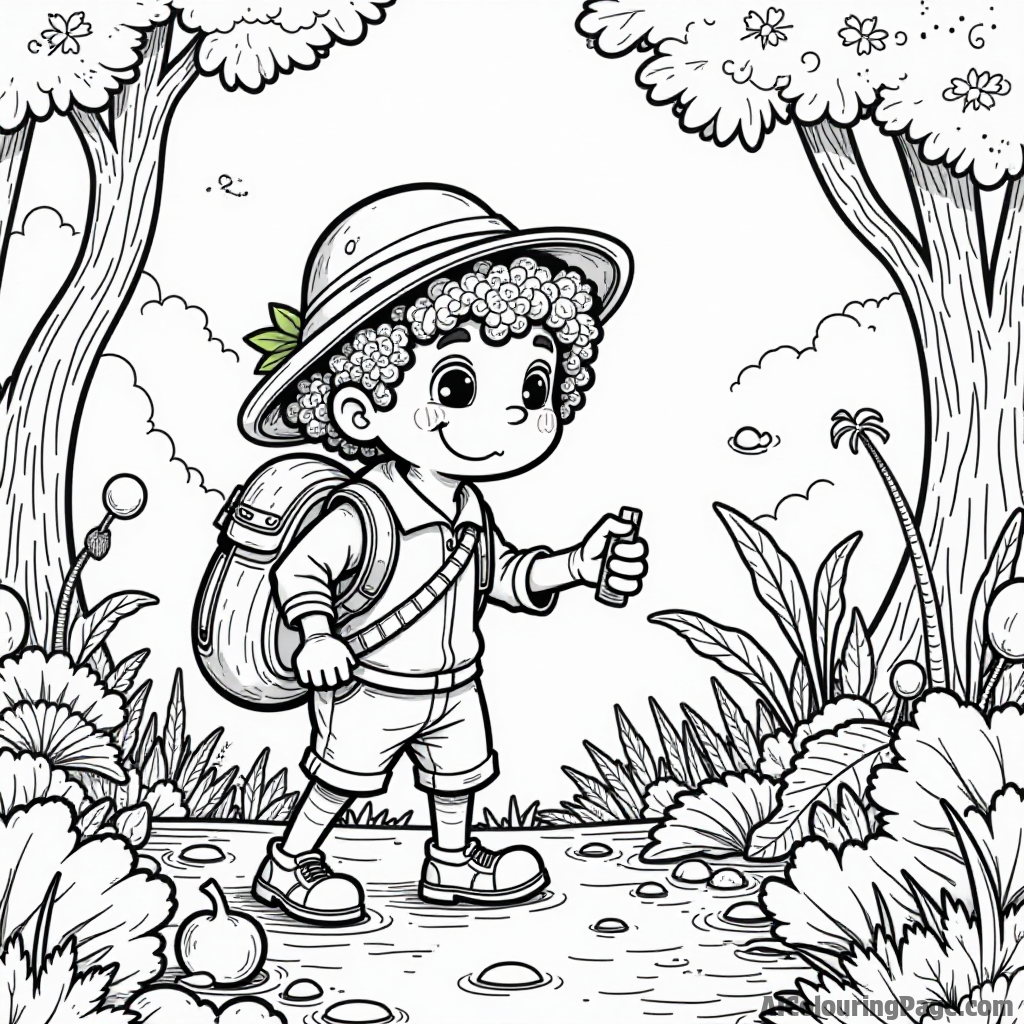 A broccoli explorer on a treasure hunt in a jungle filled with giant vegetables, discovering hidden gems and surprises.